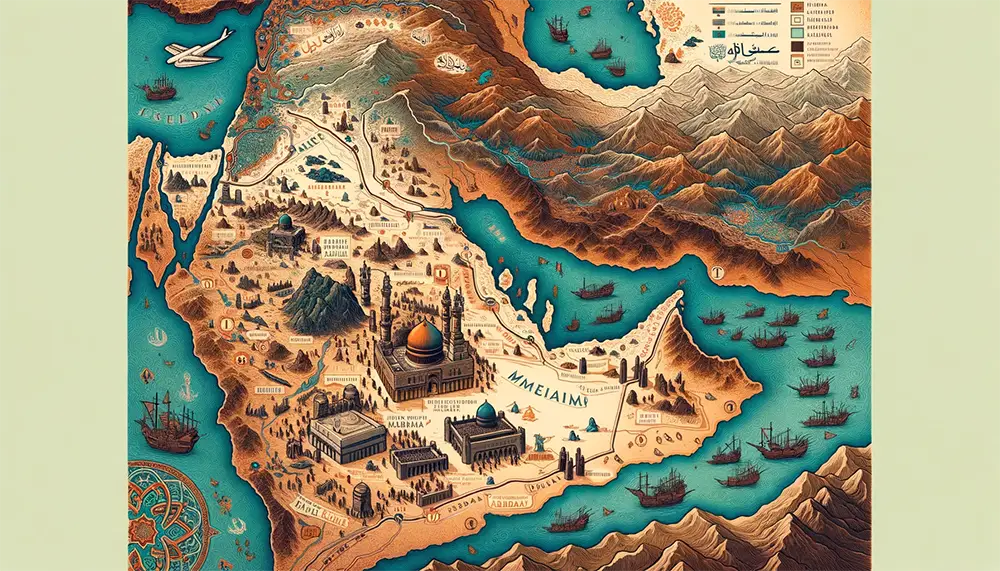 Map highlighting the pivotal battles of Badr and Uhud